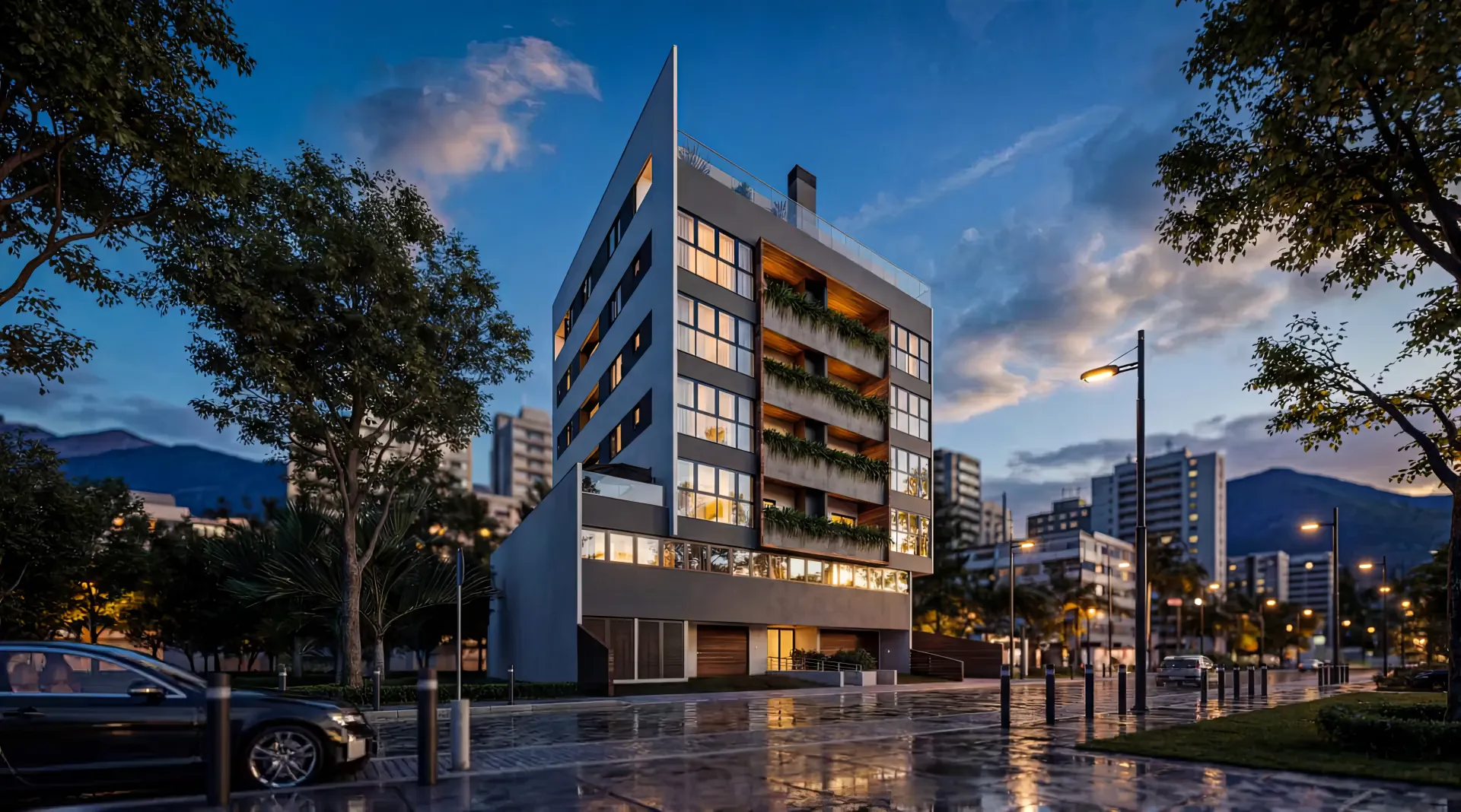 Render 3D de edifício residencial ao anoitecer, produzido pela Render Fabrik